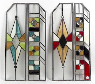 A Set of Thirteen Leaded Glass Windows, Height of first 28 1/8 x width 6 5/8 inches.