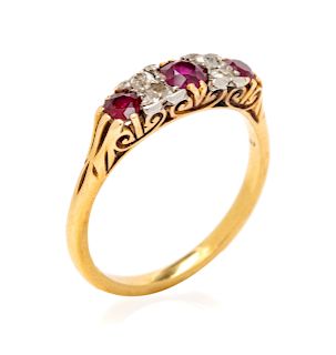 An Antique 18 Karat Yellow Gold, Ruby and Diamond Ring,