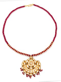 A Kundan High Karat Yellow Gold, Diamond, Polychrome Enamel and Ruby Necklace, Indian,