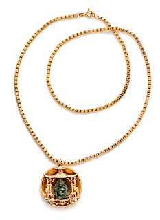 A 14 Karat Yellow Gold, Hardstone and Ruby Pendant/Necklace,