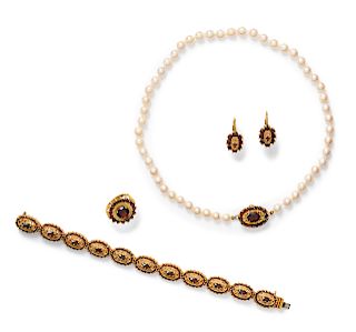 A Collection of Yellow Gold and Garnet Jewelry,