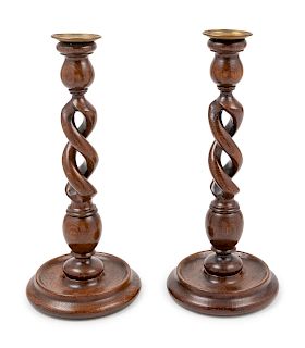 A Pair of English Turned Oak Candlesticks<br>Heig