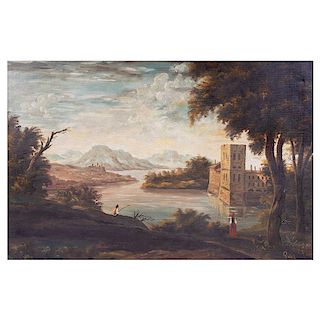 Firmado Griek. Vista de lago y castillo. Óleo sobre tela. Enmarcado. 60 x 90 cm