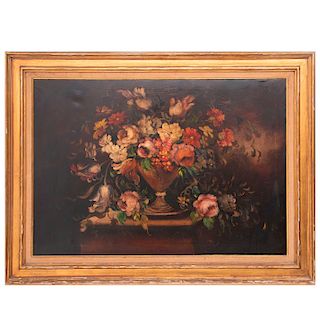 Anónimo. Naturaleza muerta con flores. Siglo XX. Óleo sobre tela. Con marco de madera tallada. 69 x 99 cm
