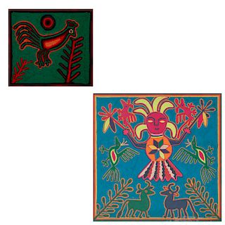 Lote de dos tablas Huicholas. México. Siglo XX. Elaboradas con estambre multicolor y cera de Campeche sobre madera. Pz: 2