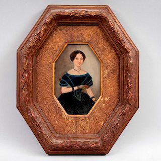 Anónimo. Retrato de dama. Finales del siglo XIX Oleo sobre lámina Marco de madera en diseño ochavado. 15 x 10 cm