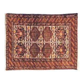 Tapete. Pakistan, siglo XX. Estilo Bokhara. Anudada a mano en fibras de lana. Con motivos geométricos color café y beige.