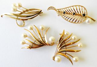 Group of Four 14K & Pearl Brooches