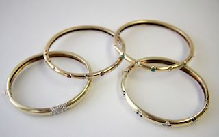 Four 14K & Precious Gem Bangle Bracelets