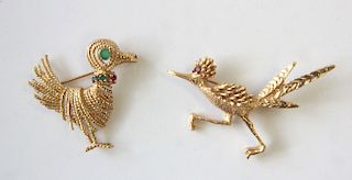 14K Yellow Gold - Roadrunner and Bird Brooches