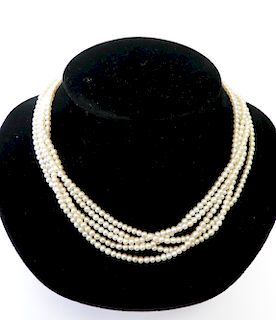 5-Strand Natural Pearl Necklace, Diamond Clasp