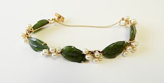 14K Gold, Nephrite Jade & Pearl Leaf Link Bracelet