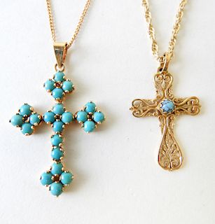 Two 18K Gold & Turquoise Crosses