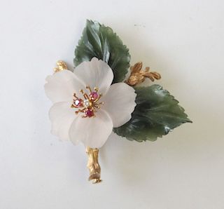 Flower Brooch with Diamond, Rubies & Jade