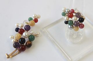 14K & Pearl, Colored Stone Brooch + Ring