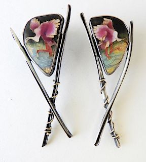 Pair of Cloisonne Enamel Egret Earrings