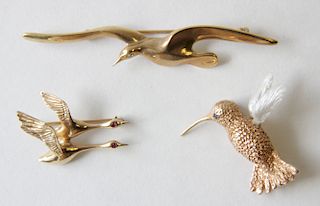 Group of Three Gold Bird Brooches