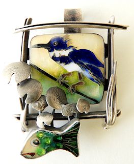 Enamel Blue Jay & Fish Brooch/Pendant