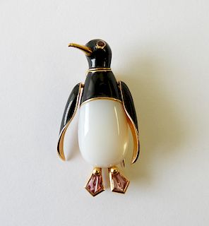 Agate & Black Enamel Penguin Brooch