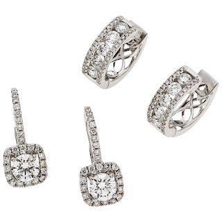 A diamond 18K white gold pair of earrings and pair of hoop earrings.