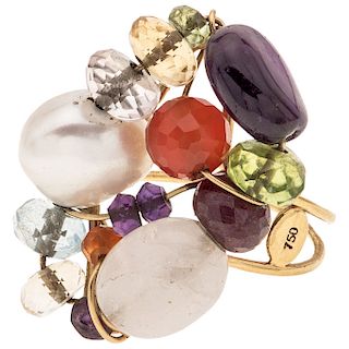 TOUS, GARABATO cultured pearl, amethyst, quartz, citrine, peridot and aquamarine 18K yellow gold ring.
