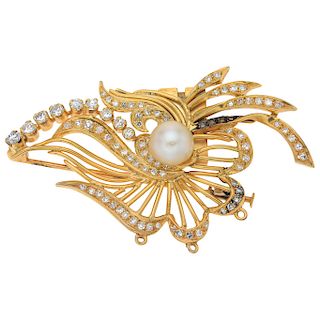 A cultured pearl and diamond golden palladium silver necklace clasp/brooch.