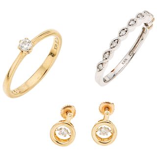 KRN diamond 14K white gold ring, OG diamond 14K yellow gold solitaire ring and STARS diamond 14K yellow gold pair of stud earrings.
