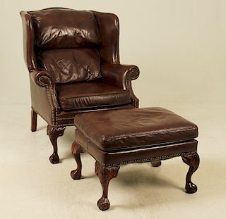 CHIPPENDALE STYLE LEATHER WING CHAIR AND OTTOMAN