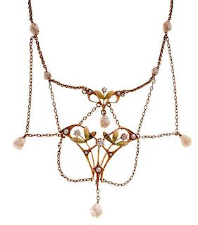 Pearl and Diamond Chandelier Necklace with Enameling 