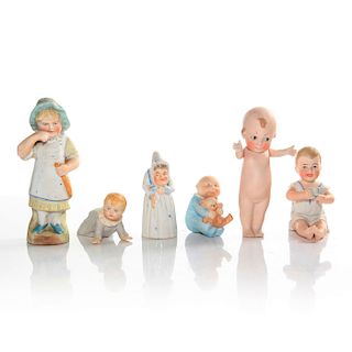 5 BISQUE FIGURINES OF CHILDREN AND CANDLE SNUFFER