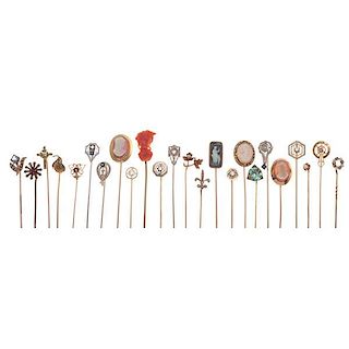 Stick Pins in 10 and 14 Karat Gold with Various Stones Including Diamonds 