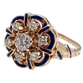 Ring with Diamonds and Enamel in 14 Karat Yellow Gold 