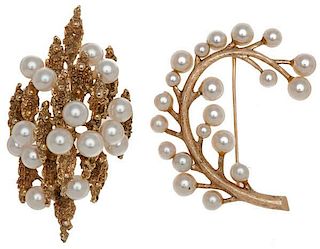 Pearl Brooches in 14 Karat Yellow Gold 