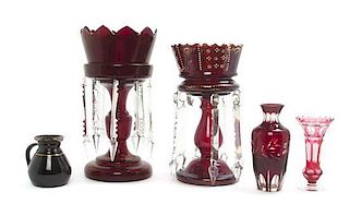 Four Bohemian Glass Articles, Height of tallest girandole 14 1/4 inches.
