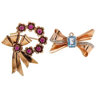 Two Bow Brooches in Karat Gold with Gemstones 