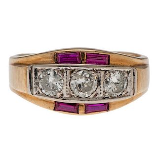 Three-Diamond Ring in 14k Yellow Gold with Rubies 