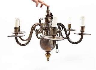 A Dutch Baroque Style Brass Six-Light Chandelier, Height 25 1/2 inches.
