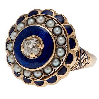 Ring in 14 Karat Gold with Enamel and Diamond 