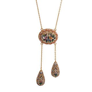 Necklace in 18 Karat Gold with Micro Mosaic Floral Design 
