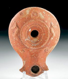 Roman Pottery Oil Lamp w/ Dolphins