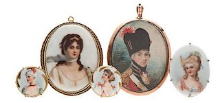 Brooches and Pendants with Miniature Paintings Depicting an English Regimental Soldier Ca. 1850 and Queen Louise, PLUS 