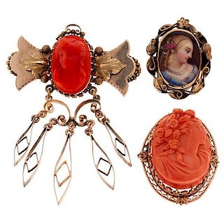 Brooches in 14 Karat Yellow Gold with Coral Cameos and a Painted Miniature 