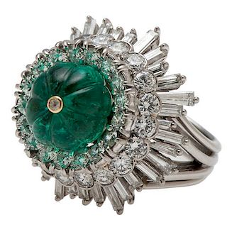Ring in Platinum with Diamonds and a Carved Emerald 