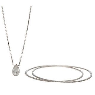 2.75 Carat Pear-Shaped Diamond Drop Pendant with Two Diamond Bangle Bracelets 