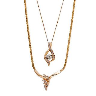 Two Necklaces in 14 Karat Yellow Gold with Diamonds 