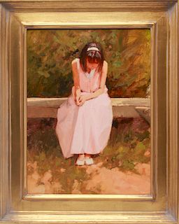 Illegibly Signed "Young Girl Seated" Oil on Canvas