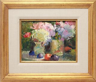 G Holland Signed "Flowers with Fruit" Oil on Board