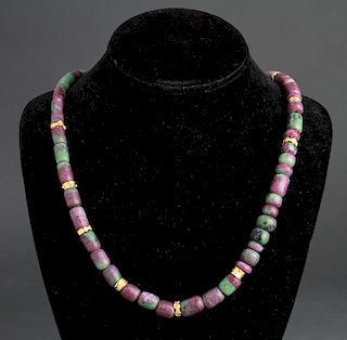 18K Gold Beads & Ruby in Fuchsite Beads Necklace