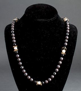 18K Gold Pearls Hematite & Onyx Beads Necklace
