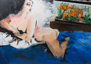 Illegibly Signed "Female Nude with Goldfish" Oil